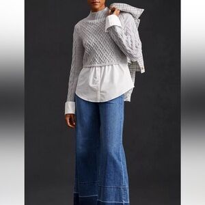 Anthropologie Maeve Cable Knit Layered Buttoned Soft Grey Sweater Size Medium